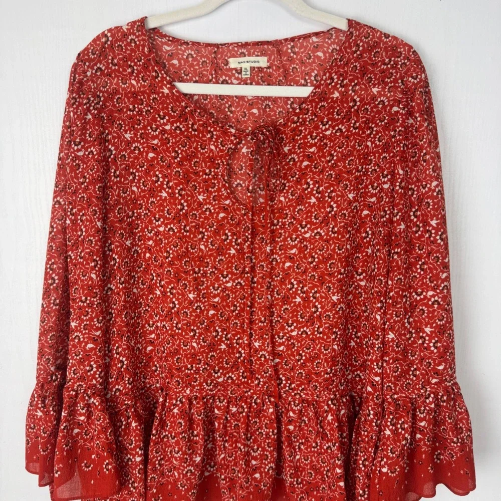 Max‎ Studio Women Red Sz XL Peasant blouse bell sleeves tiered/ruffle hem